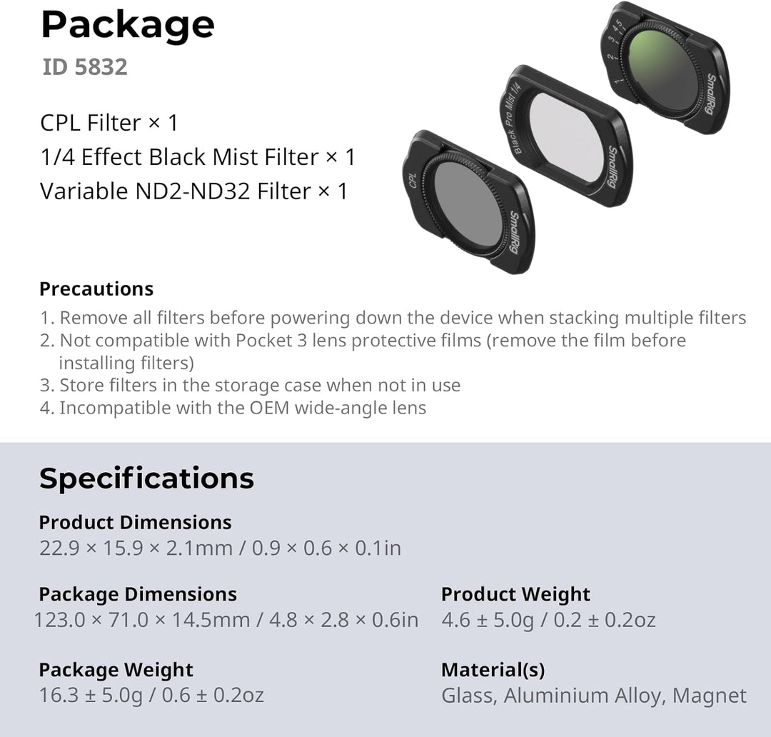 SMALLRIG Magnetisches ND- & CPL- & Effektfilter-Set für DJI Osmo Pocket 4/3-3er-Pack CPL, 1/4 Black