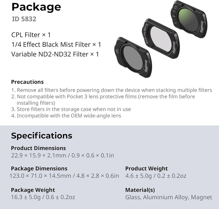SMALLRIG Magnetisches ND- & CPL- & Effektfilter-Set für DJI Osmo Pocket 4/3-3er-Pack CPL, 1/4 Black