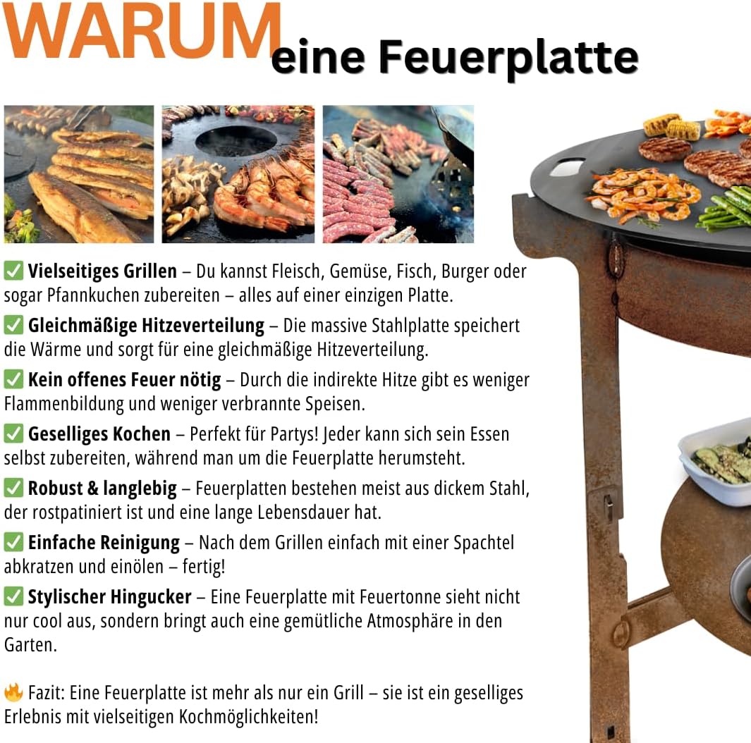 Terma Feuerschale mit Feuerplatte 69-80-100cm -Der Neue Grill Trend- Plancha Grillplatte feuertonne
