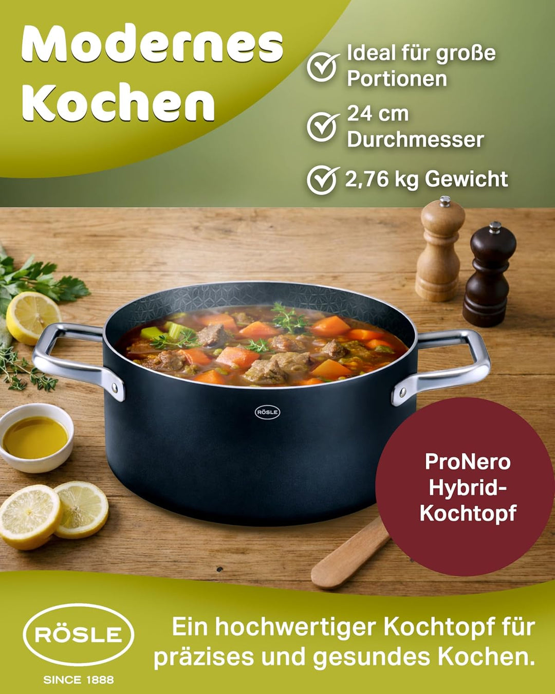 RÖSLE EBONIC Topf 24 cm mit Deckel – Kochtopf 24cm Induktion – ProNero Keramik Antihaftbeschichtung