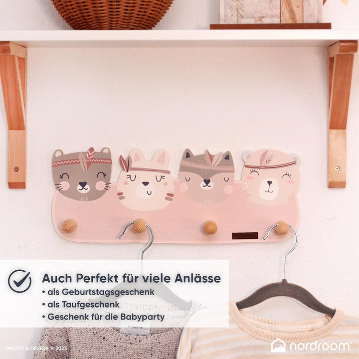 Kindergarderobe mit 4 Haken - Wandgarderobe mit Tiermotiven für Kinderzimmer - Garderobenhaken aus H