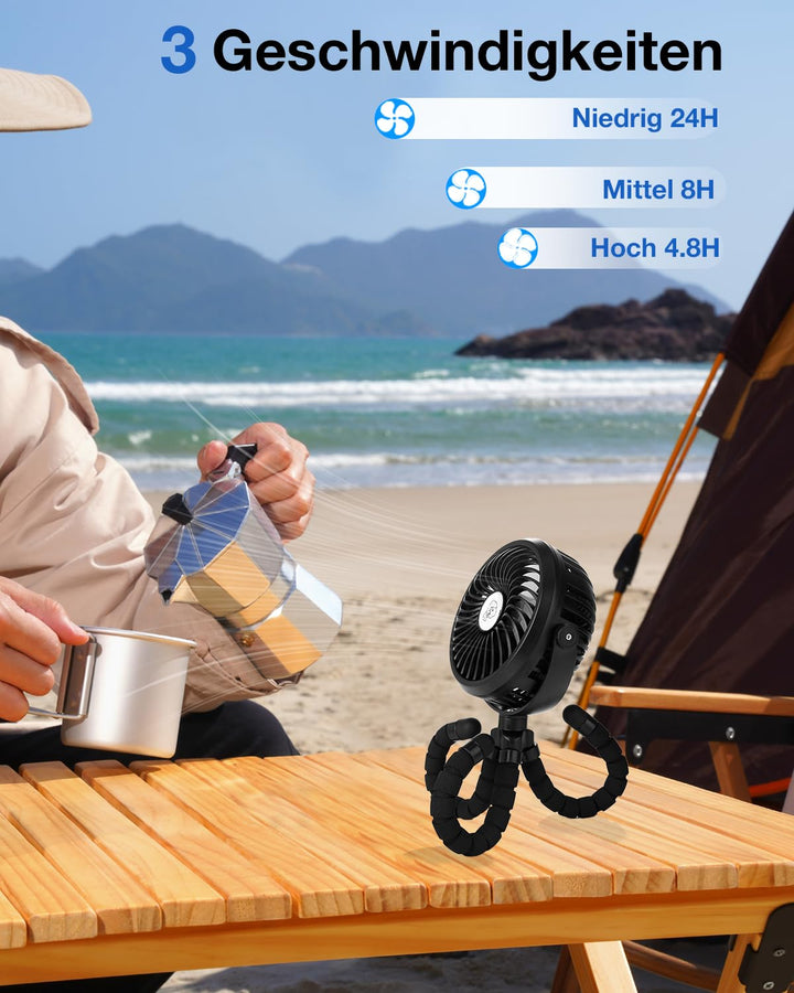 Verbesserte Kinderwagen-Ventilatoren 5200mAh Akku, Leise USB Ventilator mit 3 Stufen & 360° Verstell
