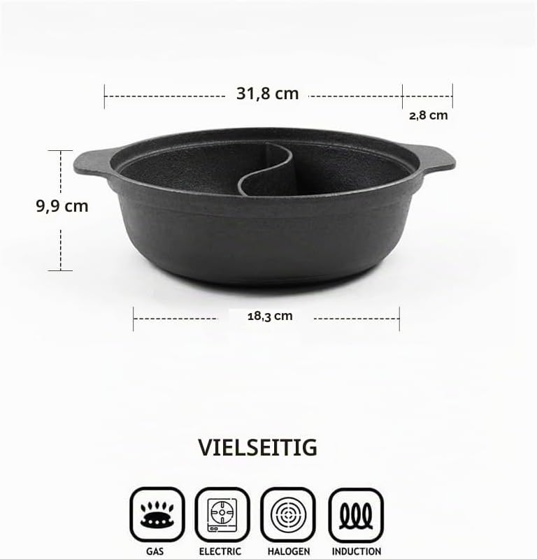 Cast iron hot pot with Divider,Dual-Sided 12.5 Inch Shabu Shabu Pot, Gas Stove, Black
