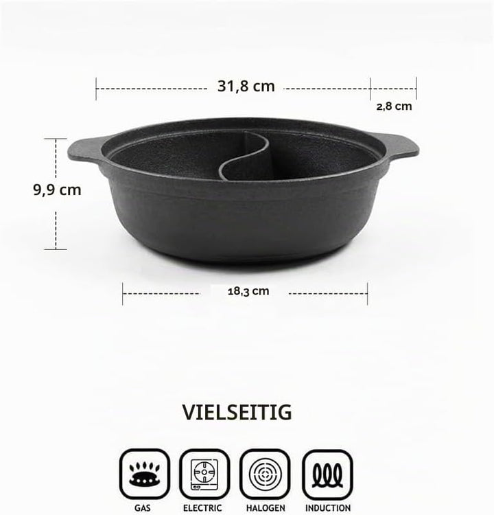 Cast iron hot pot with Divider,Dual-Sided 12.5 Inch Shabu Shabu Pot, Gas Stove, Black