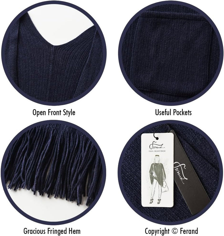 Ferand Damen Poncho mit Offener Vorderseite und Taschen, Weiche Strick Cape mit Fransen für Herbst W
