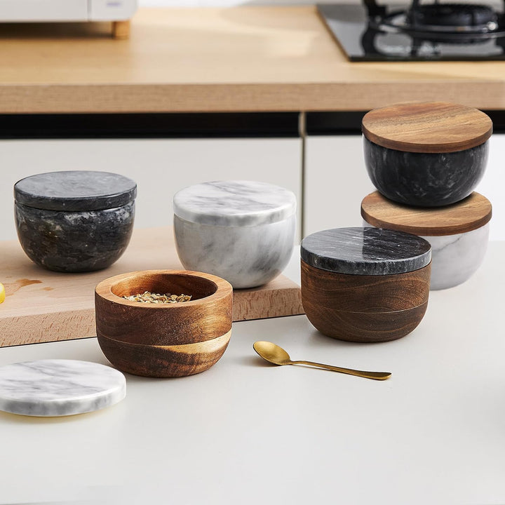 Holz Salz Box Gewürzdose Gewürzbehälter Massiv Natur Akazie Boden Marmor Deckel Elegant Design Deko