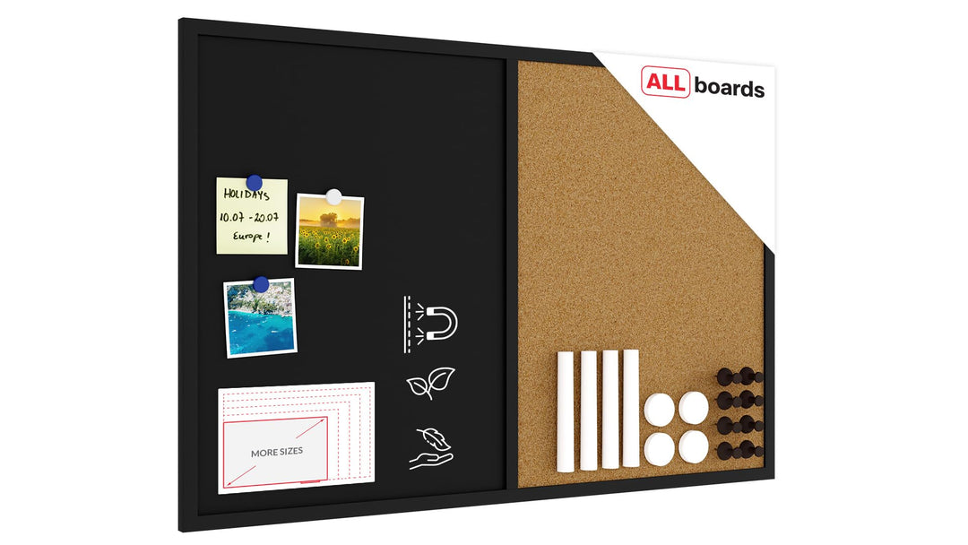 ALLboards Kombitafel 2 in 1 Schwarze Magnetische Kreidetafel & Kork-Pinnwand schwarz magnetisch 90×6