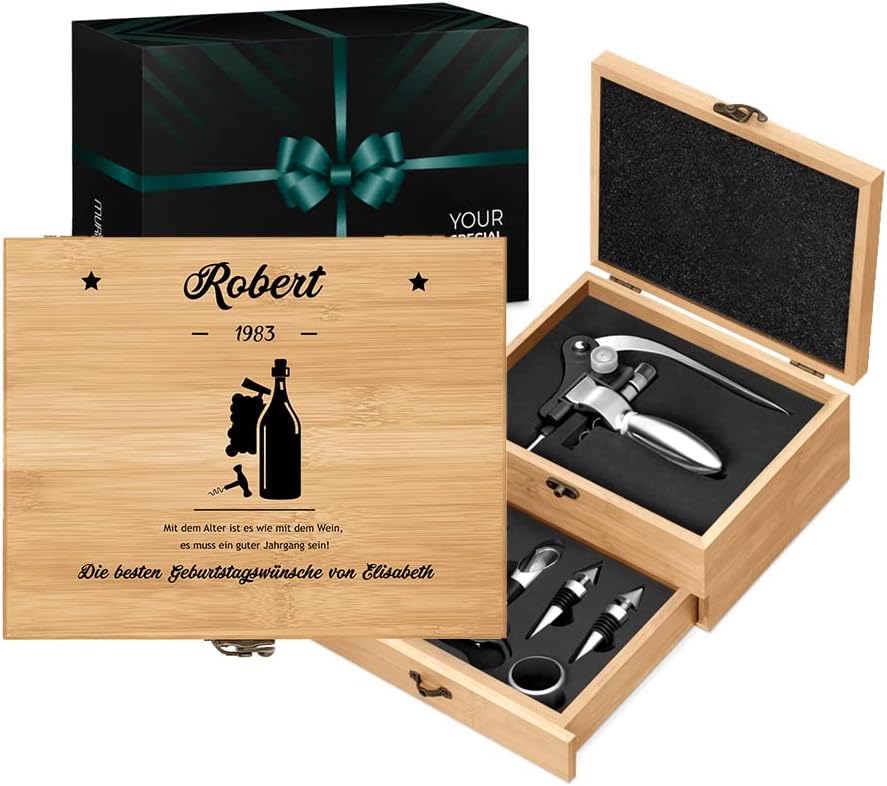 Maverton Weinöffner-Set personalisiert Weinset Sommelier Set - Geschenkbox Holzbox + 8er Weinzubehör