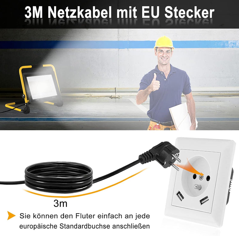 UISEBRT LED Baustrahler 200W Kaltweiss Baustellen Strahler inkl. Standgestell und Netzkabel, LED Flu