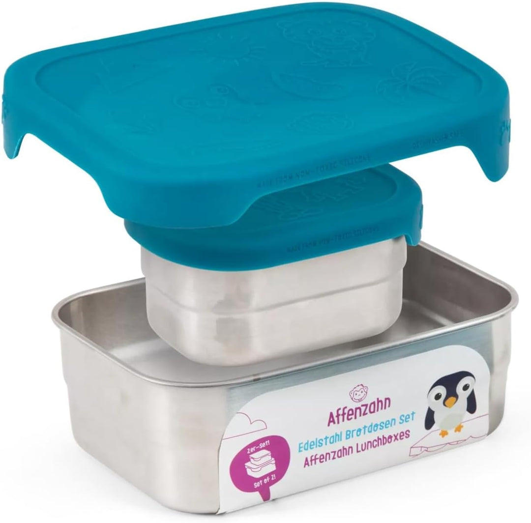 Affenzahn Edelstahl Brotdosen Set inkl. Snack-Box Silikon-Deckel BPA-frei Spülmaschinenfest Hai, Hai