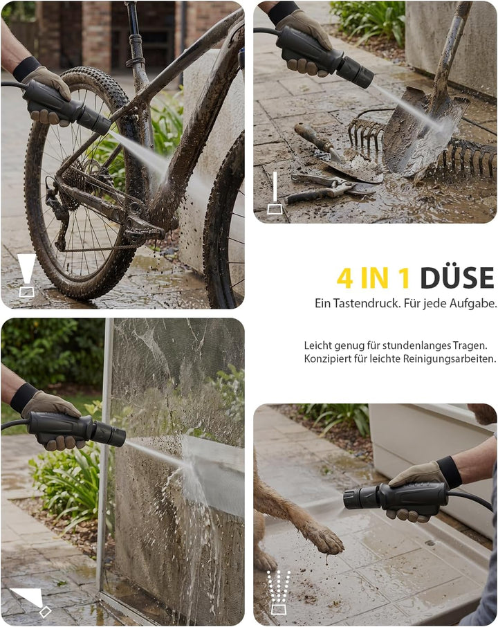 Tragbarer Hochdruckreiniger mit Wassertank 12L Kabellos, 4-in-1 Düsen, 2m Schlauch sowie Langer Akku