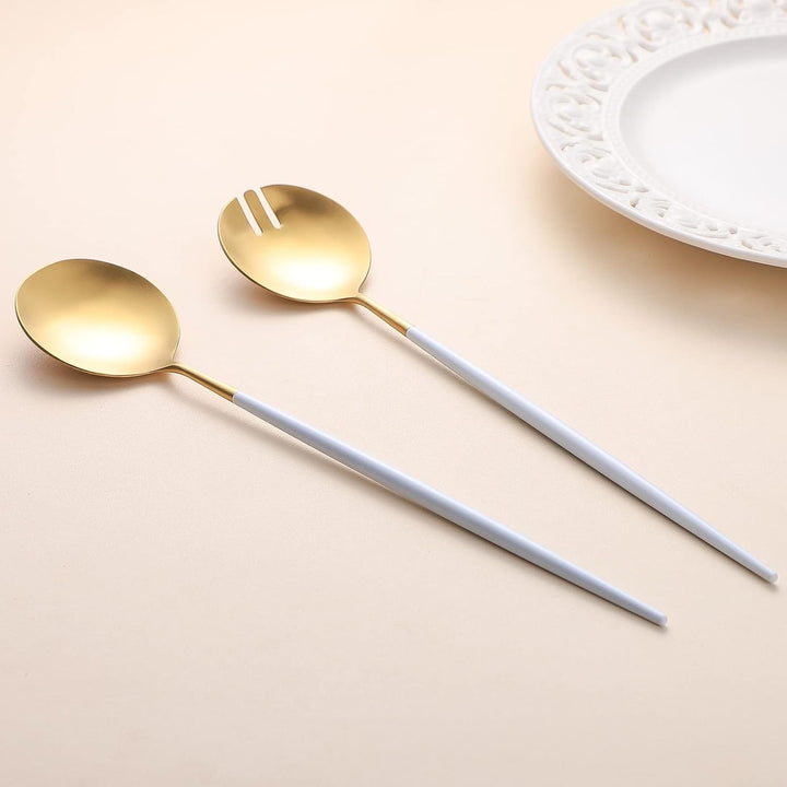 Salatbesteck, Löffel und Gabel, 29 cm, 18/10 Edelstahl, Titanbeschichtung (Weissgold) Weiss/Gold, We