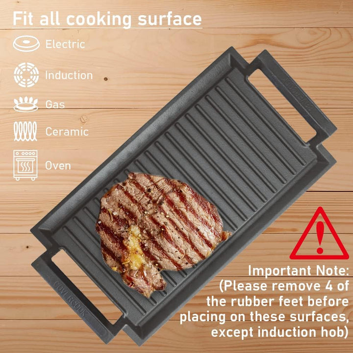 COVERCOOK Gusseisen-Grillpfanne - Grillpfanne - Rechteckige Grillplatte - 2 Griffe - 43 x 23 cm -Gri