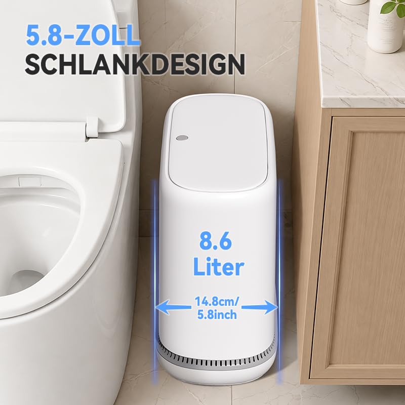 MOPUP Kleiner Badezimmer-Mülleimer mit Deckel, schlankes 3-Gallonen-Design, ausklappbarer Deckel und