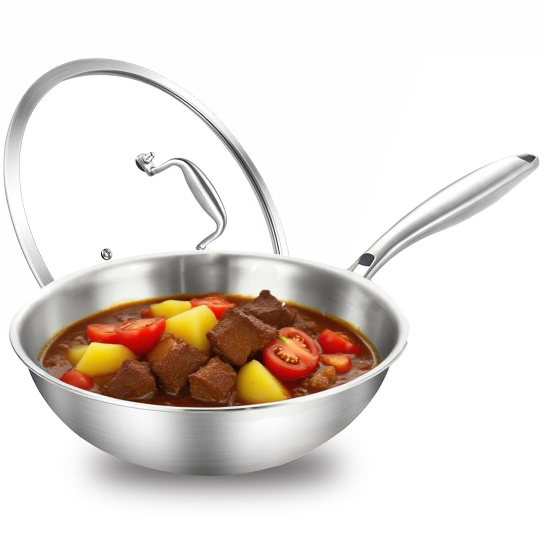Edelstahl Wokpfannen: Unbeschichtet Pfanne 30 cm mit Deckel,752°F(400℃) Backofensicher,Induktion, Ga
