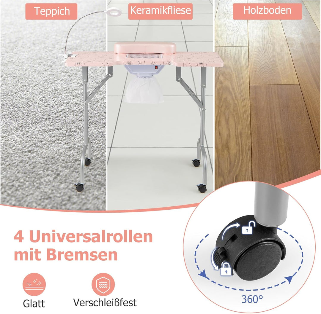 COSTWAY Maniküretisch klappbar, Nageltisch mit elektrischem Staubsammler, LED-Lampe, Handgelenkaufla