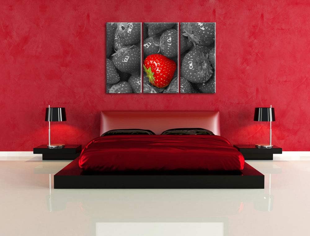 Leckere Knallrote Erdbeere schwarz/weiss 3-Teiler Leinwandbild 120x80 Bild auf Leinwand, XXL riesige