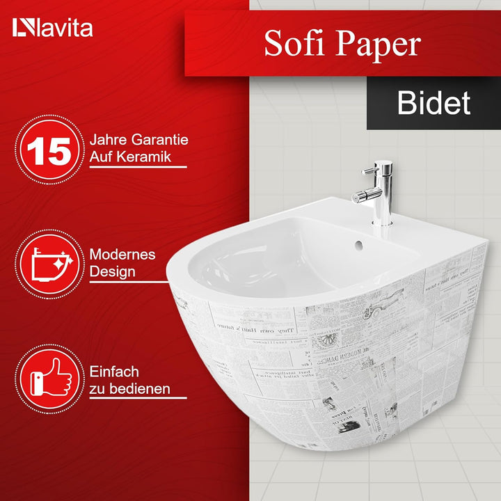 LAVITA Universal Wand-Bidet Sofi Paper mit Hahnloch und Überlaufschutz aus Keramik Sitzwaschbecken z
