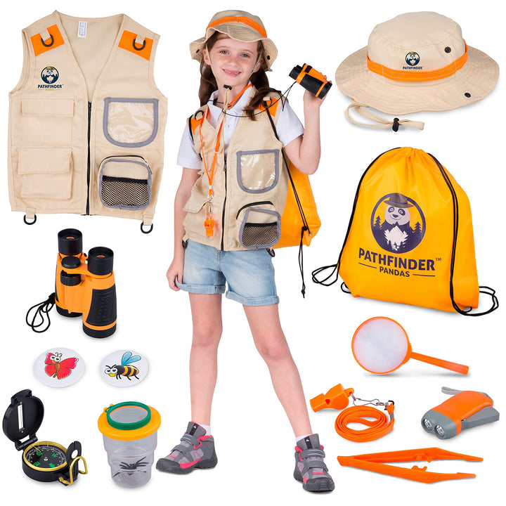 Forscherset für Kinder ab 6 & Safari Kostüm Kinder, Hut, Fernglas für Kinder, Becherlupe & Mehr - Fo