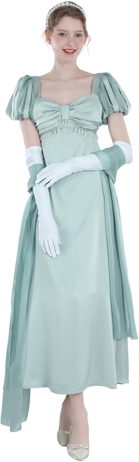 Damen Regency Kleid Jane Austen Lange Vintage Kleider Viktorianische Ballkleid mit Schal und Handsch