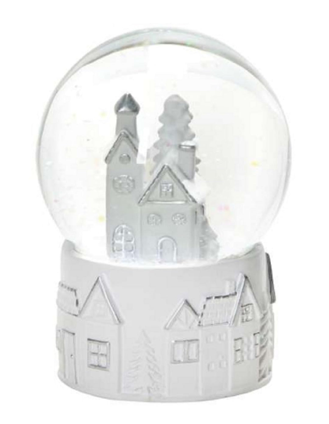 dekorative nostalgische Schneekugel mit weiss - silbernen Häuschen und Glitzerschnee