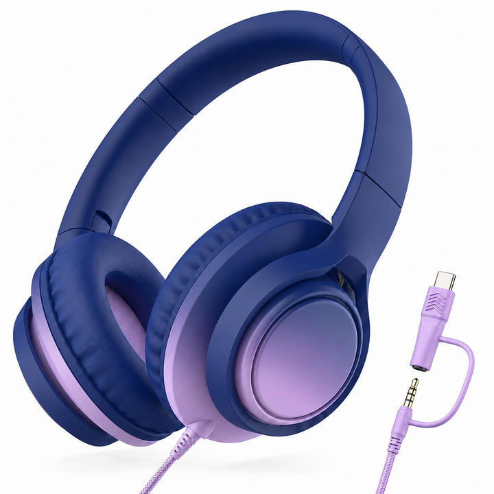 Kinder Kopfhörer Over-Ear: Faltbar &amp; Verstellbar mit Mikrofon – 3,5mm Klinke + USB-C Adapter – Weich