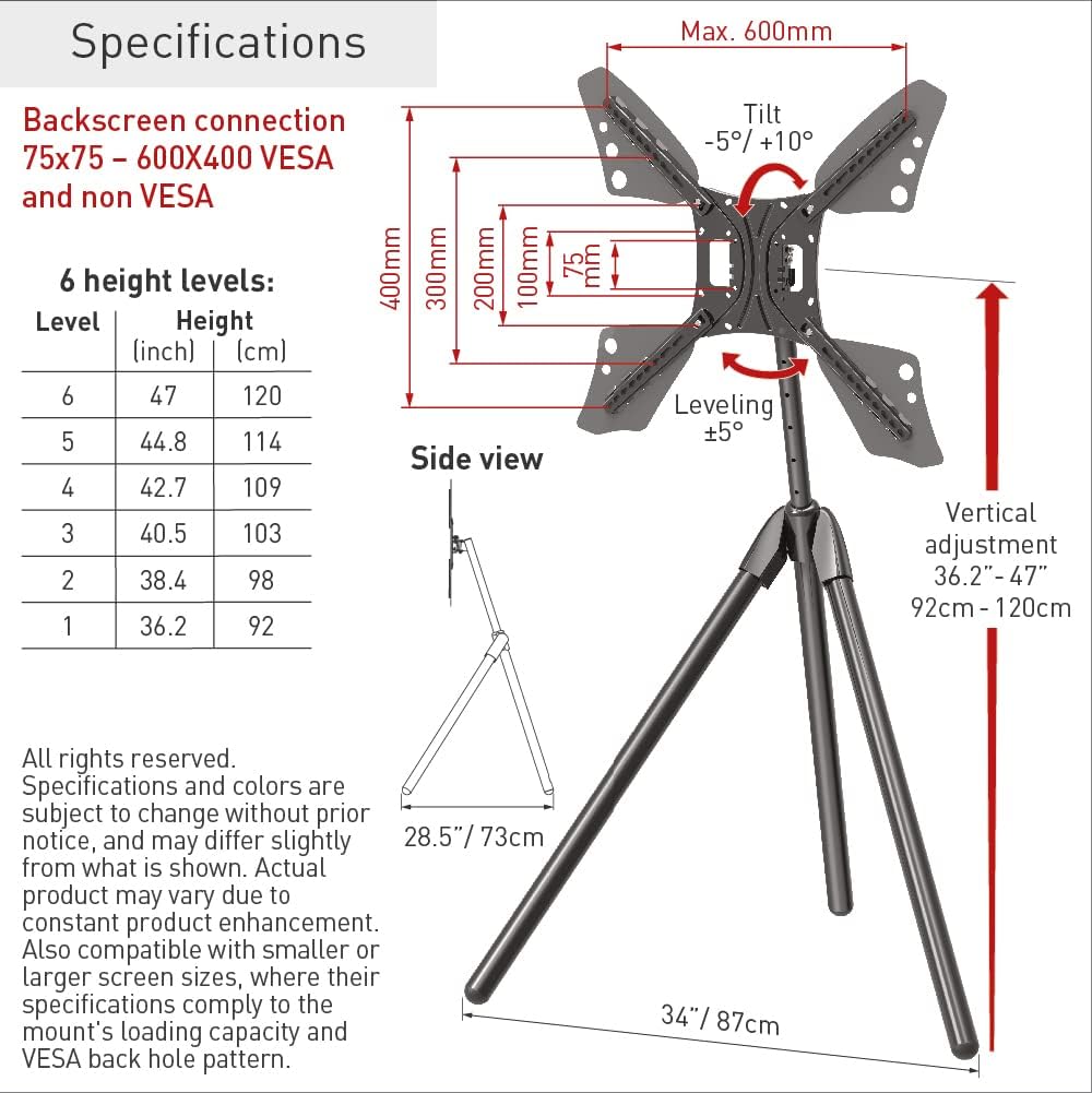 Barkan 13-83 Zoll Neigbare & Höhenverstellbar TV Bodenständer im Staffelei Design, hält bis 50Kg, 5