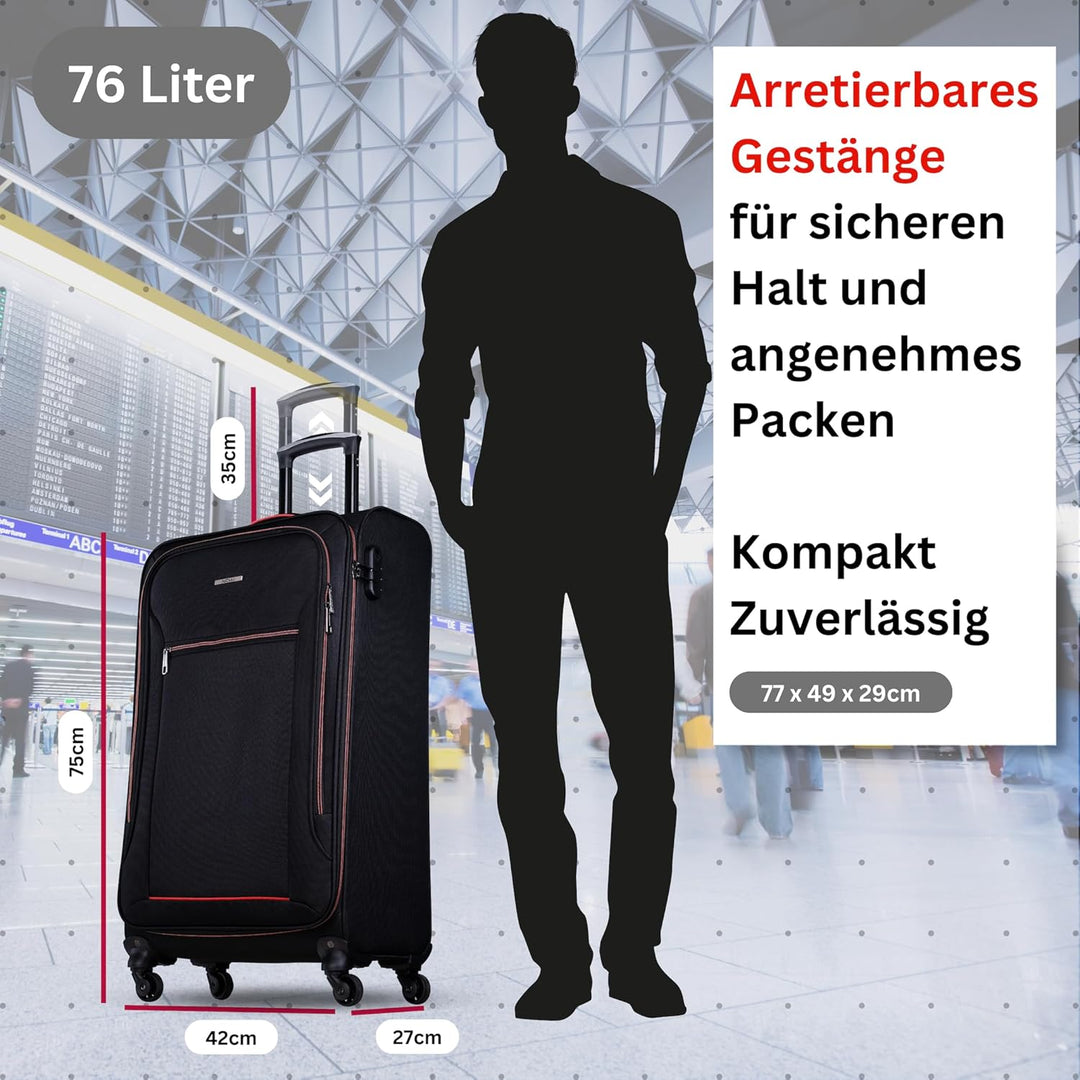 NOWI Sevilla Weichschalen Trolley XL – Grosser Stoff Koffer 76L mit 4 Rollen &amp; Zahlenschloss | XXL R