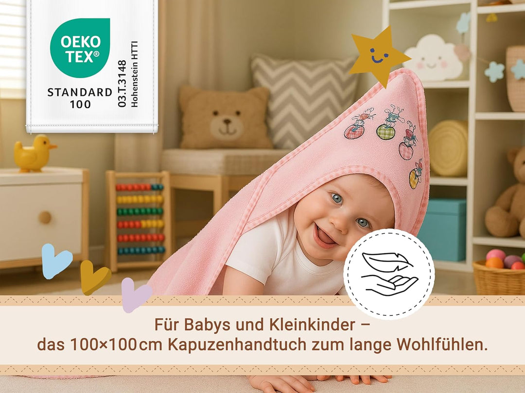 ZOLLNER Baby Kapuzenbadetuch, Kapuzenhandtuch, 100x100 cm, Baumwolle, rosa, Rosa