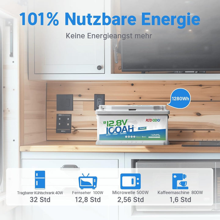 Redodo 12V 100Ah Bluetooth LiFePO4 Batterie, 188mm Höhe Tiefzyklus Lithium Batterie mit Smart BMS 12