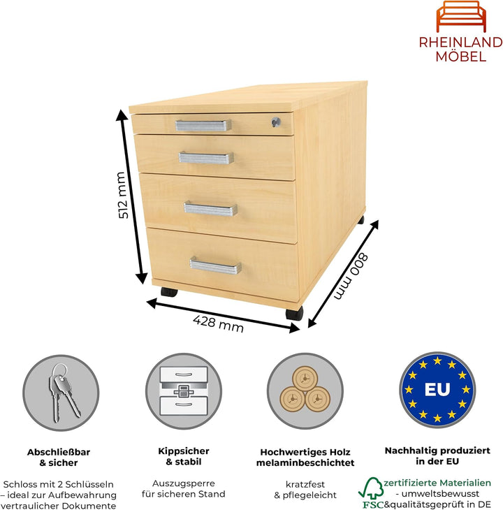 Rollcontainer CADI 43×80×51 cm – abschliessbarer Bürocontainer in Ahorn mit Orga- &amp; 3 Universal-Schu