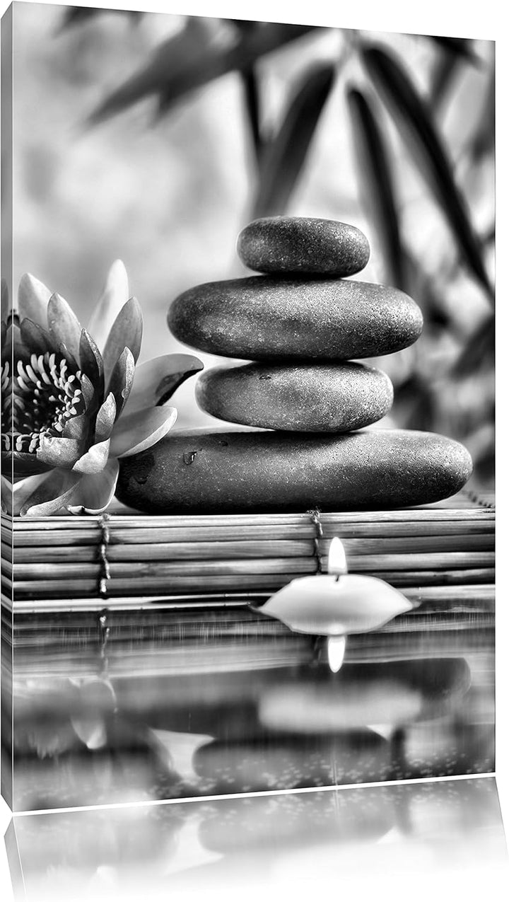 Pixxprint Monocrome, Seerose mit Zen Steinen und Kerzen, Format: 100x70 auf Leinwand, 100x70