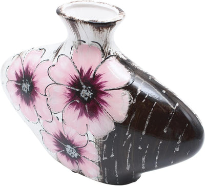 Ovale Keramik Vase mit Blumen-Dekor, schwarz-rosa, Handarbeit, GrösseL/B/H ca. 7 x 30 x 20 cm Rosa B