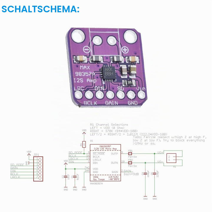 2 Stück MAX98357 Audio Leistungsverstärkermodul I2S Klasse D Filterlose Audioverstärkerplatine für R