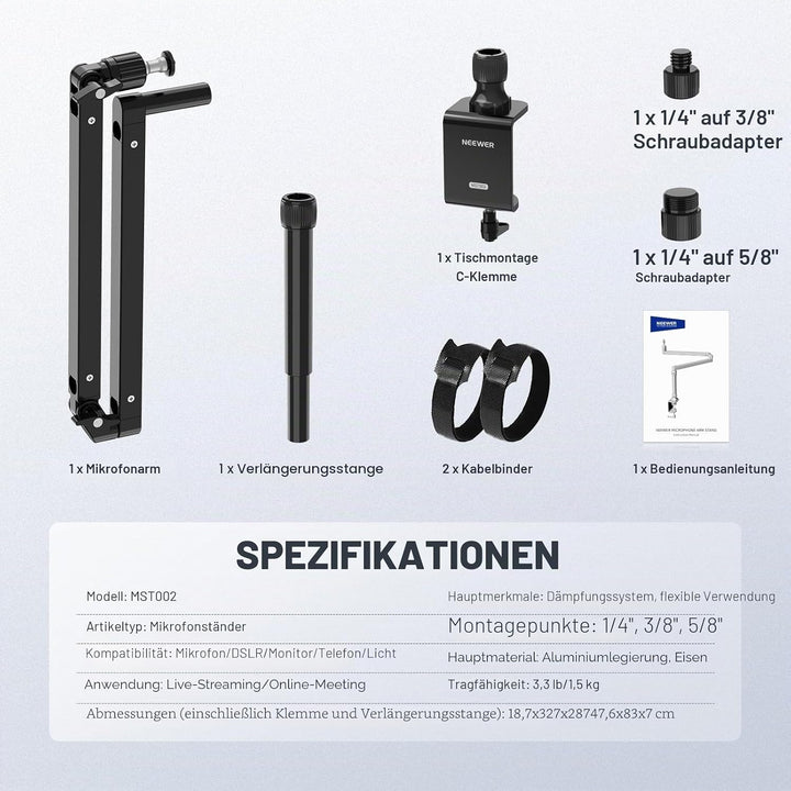NEEWER Mikrofonarm Ständer, Niedriges Profil Mic Arm Tischhalterung mit Dämpfung, 360° drehbarer Boo