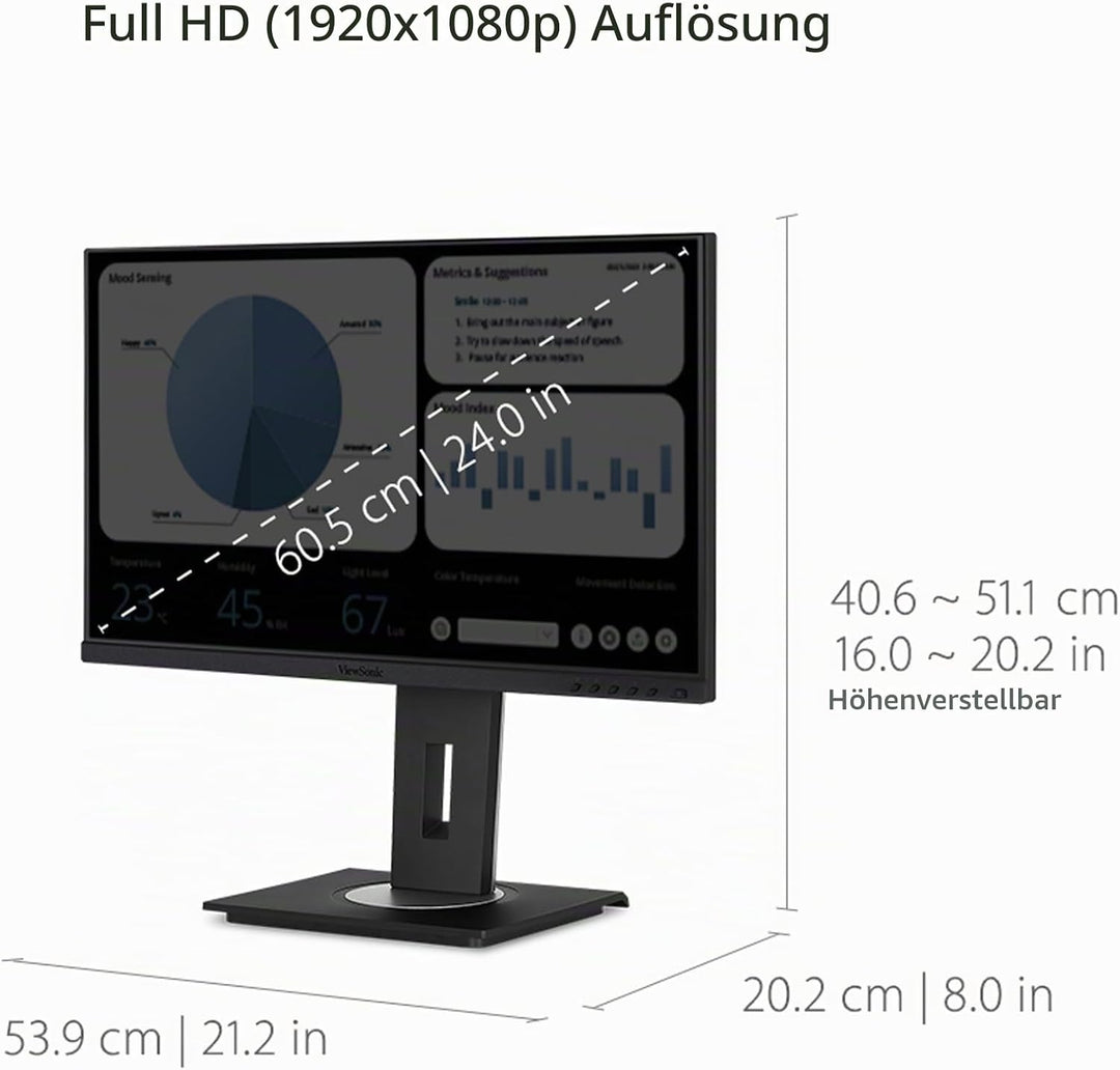 Viewsonic VG2448A-2 60,5 cm (24 Zoll) Büro Monitor (Full-HD, IPS-Panel, HDMI, DP, USB 3.0 Hub, Höhen