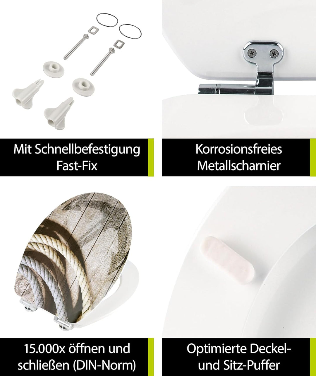 aquaSu® WC-Sitz mit Absenkautomatik, Maritim Motiv Seemannstau, High-Gloss Toilettendeckel mit Holzk