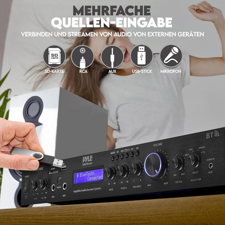 Pyle 200W HiFi Stereo Verstärker – 5-Kanal Receiver mit Radio & Bluetooth, MP3 USB/SD/AUX, Heimkino