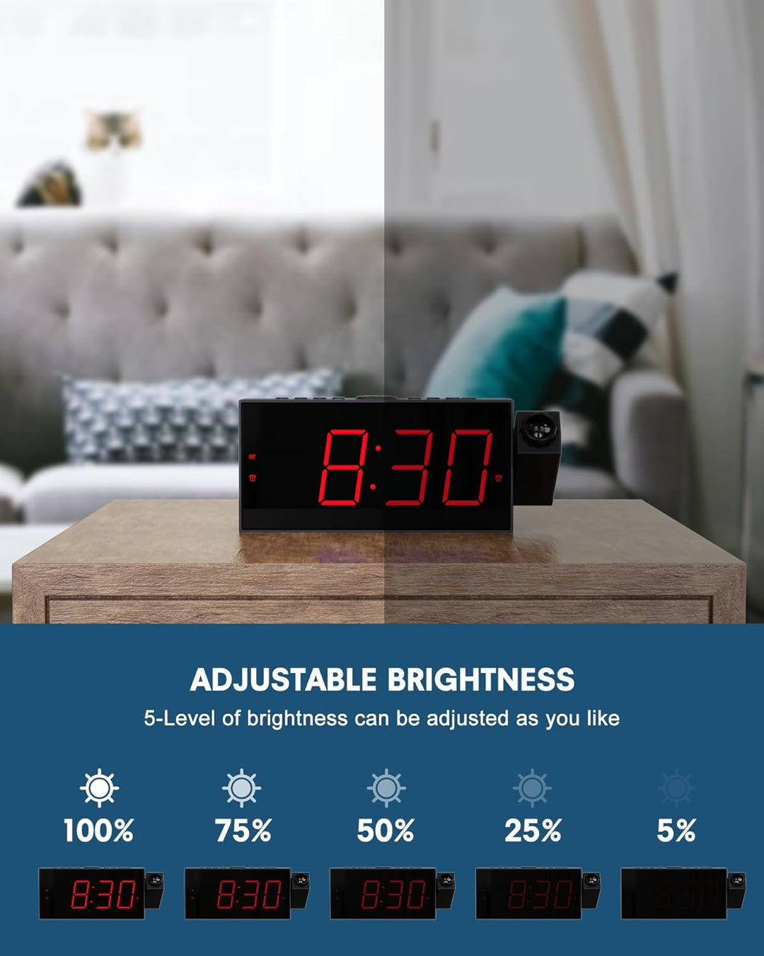 Projektionswecker für Schlafzimmer, digitaler wecker mit grosser 7" LED-Anzeige, Dimmer, 350° Projek