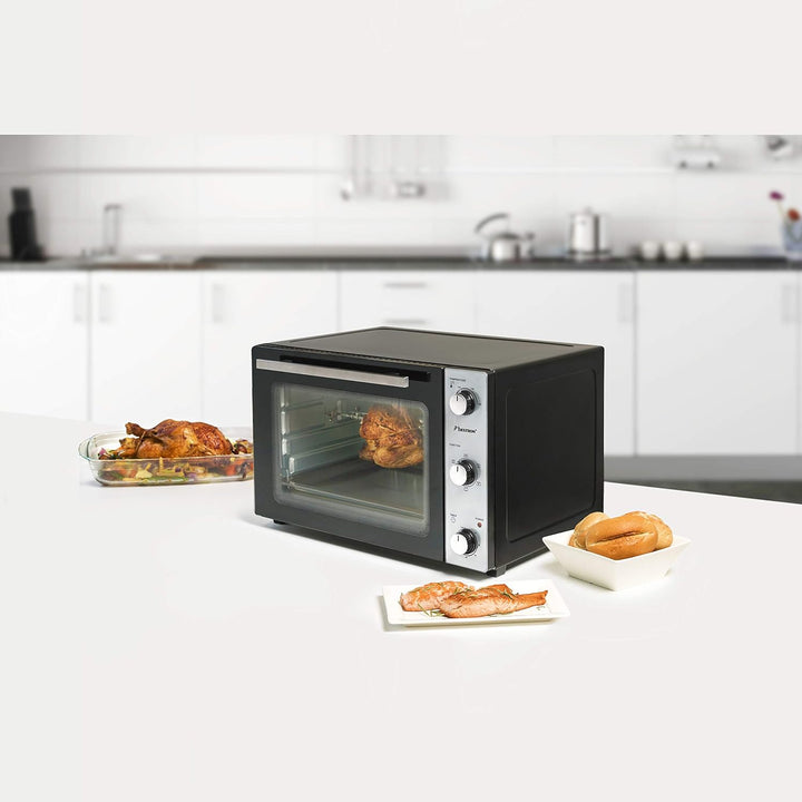 Bestron AOV45 2-in-1 Mini-Backofen mit Drehspiess, 45 Liter, 1800 W, Edelstahl, Schwarz 45 Liter Min