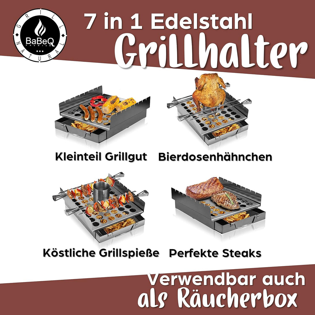 All-in-One Grillhalter aus Edelstahl für Grillspiesse, als Grillkorb, Grillpfanne inkl. Hähnchenbrät