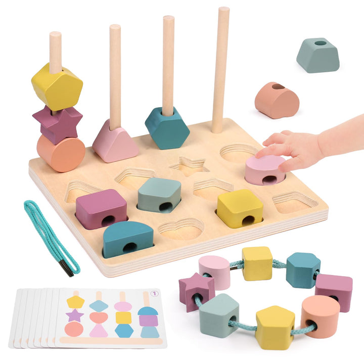 Montessori Spielzeug ab 3 4 5 Jahre, Holzspielzeug Steckspiel Fädelspiel Bausteine Sortierspiel, Hol