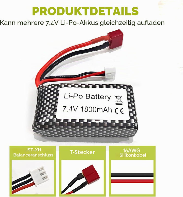 2PCS 7.4V 1800mAh T-Stecker Lithium-Batterie für WLTOYS 144001 12402 12403 12404 12423 12428 A959-B