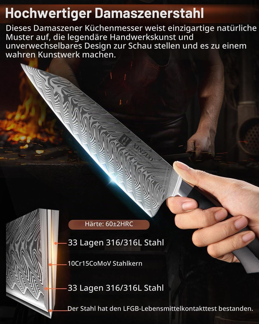 XINZUO Damaststahl Kochmesser, 21.5cm Kiritsuke Chefmesser Profi geschmiedet Gyuto Küchenmesser, Mil