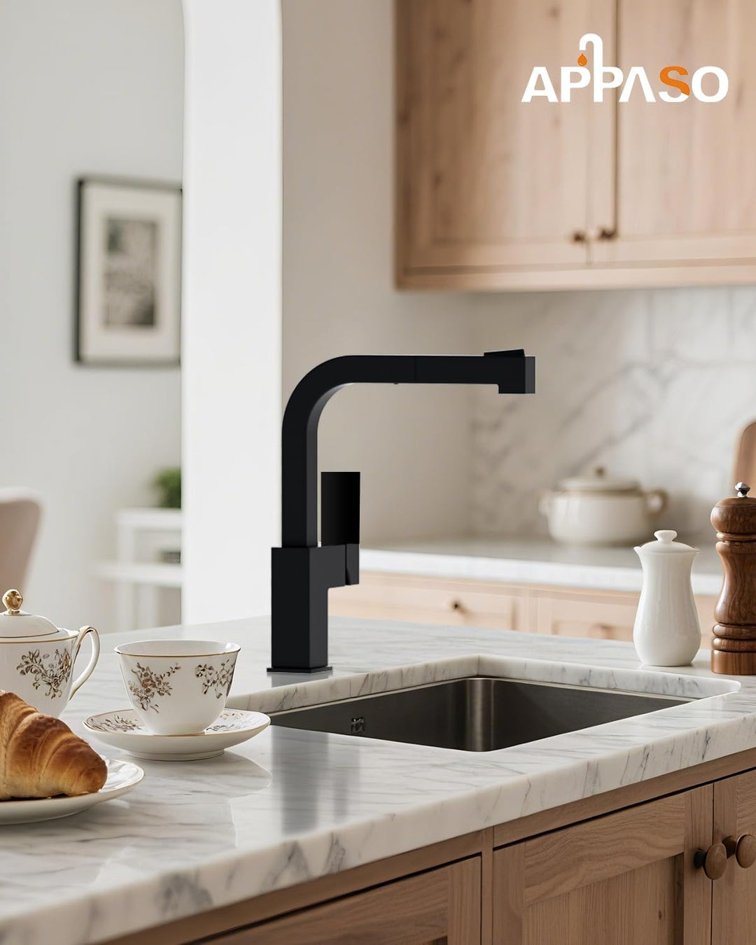 APPASO Wasserhahn Küche Schwarz, Küchenarmatur Ausziehbar Hochdruck, Mischbatterie 360° Drehbar mit
