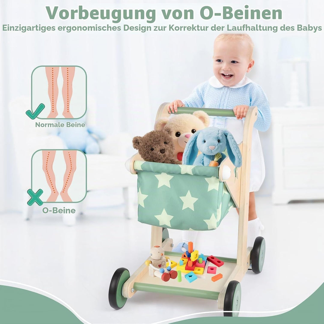 Asweets 2-in-1 Lauflernwagen Holz, Puppenwagen zum Schieben und Ziehen, Baby Walker, Kleinkindspielz