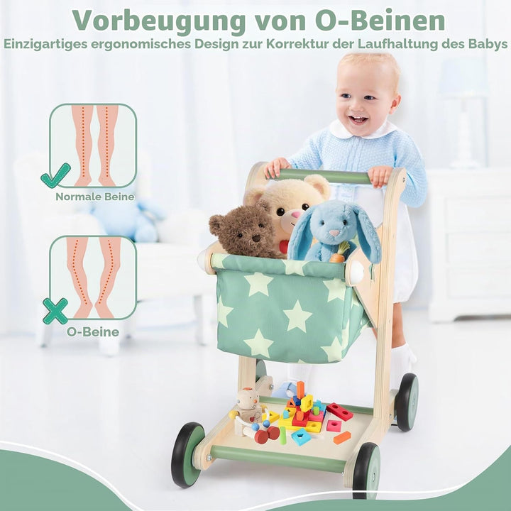 Asweets 2-in-1 Lauflernwagen Holz, Puppenwagen zum Schieben und Ziehen, Baby Walker, Kleinkindspielz