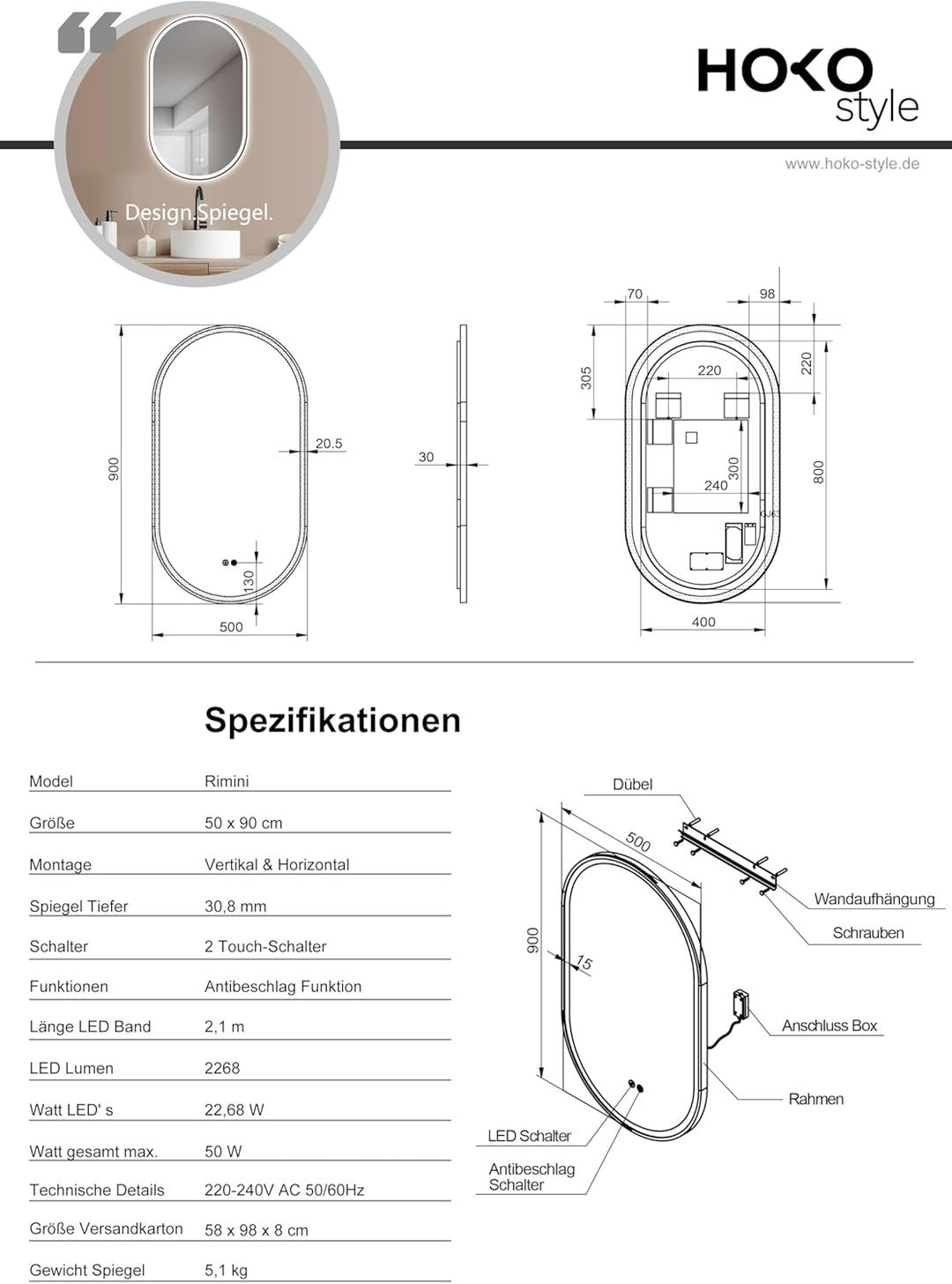 HOKO LED Bad Spiegel oval 50x90 cm / 90x50 cm Rimini+ Antibeschlag Funktion+schwarzem Rahmen. HOCH+Q