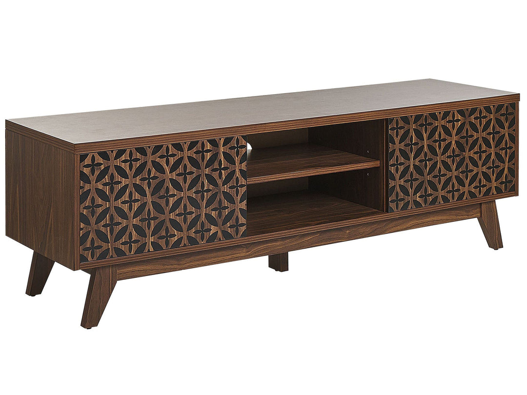 Beliani TV-Möbel dunkler Holzfarbton shwarzes geometrisches Muster Retro-Stil Prescot