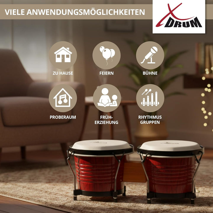 XDrum Bongos Pro Weinrot - 2 Trommeln mit 6,5" (17 cm) und 7,5" (20 cm) Durchmesser - Bongotrommeln